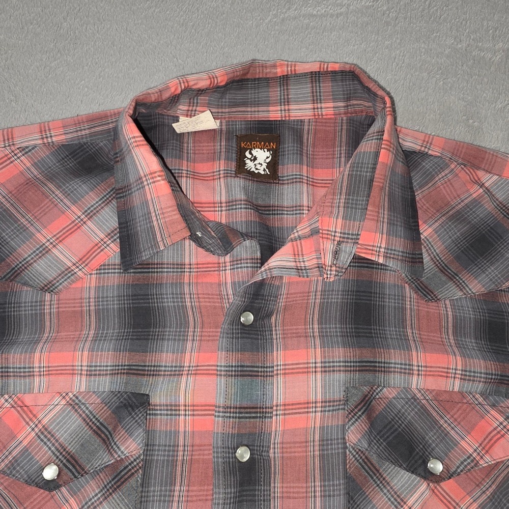 Karman‎ Mens Vintage Plaid Pearl Snap Western Shirt Red Grey XXL